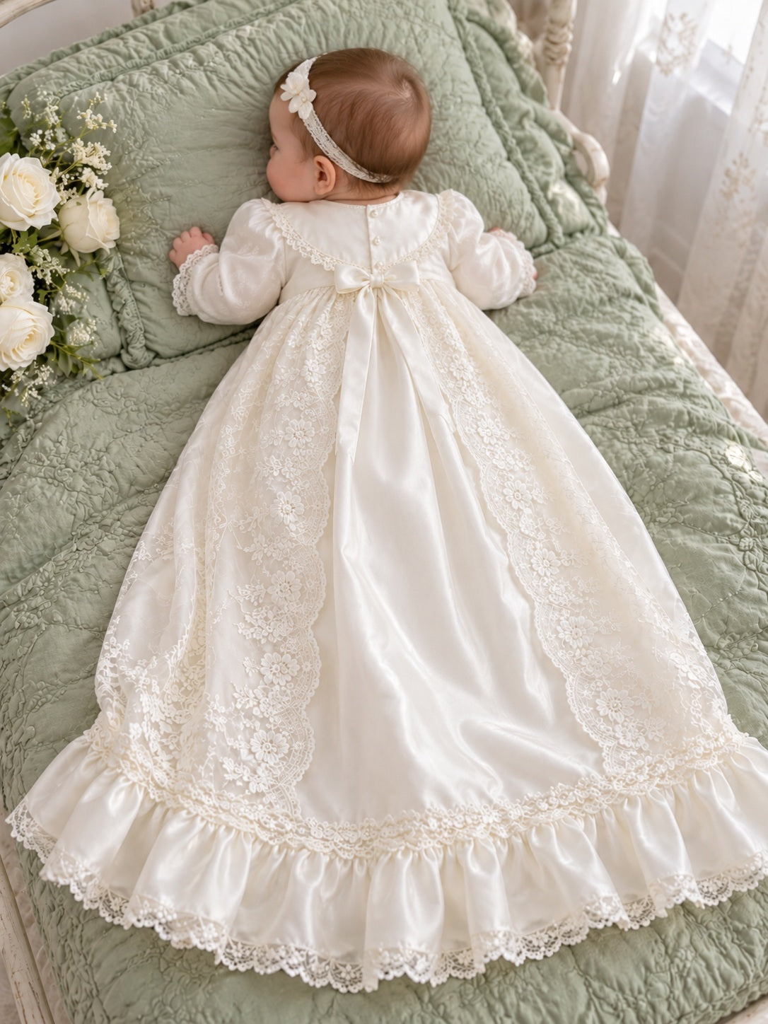 Schlichtes elfenbeinfarbenes Taufkleid aus Satin mit langen Ärmeln und gewelltem Spitzeneinsatz