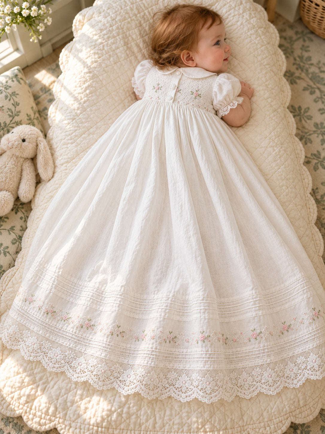 Elfenbeinfarbenes florales Baby-Taufkleid mit Bubikragen und Puffärmeln