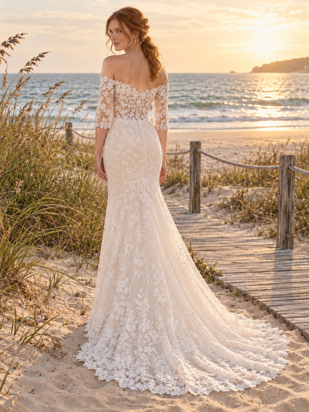 Beach Off Shoulder Half Sleeve Floral Lace Mermaid Bridal Dress - view 2