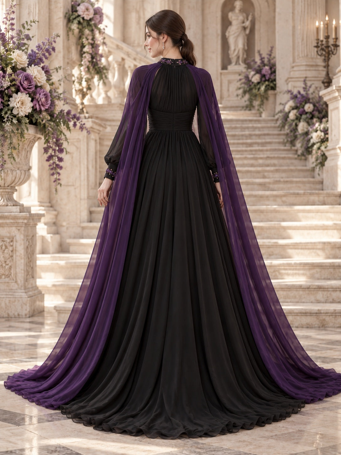 Schwarzes Chiffon-Brautkleid mit langen Ärmeln, lila Cape, Empire-Linie, V-Ausschnitt und Raffungen