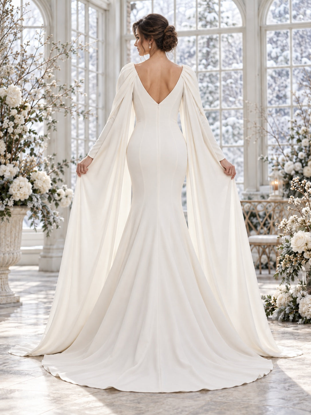 Simple Long Sleeve Winter V-neck Crepe Draped Cape A-line Wedding Dress - view 2