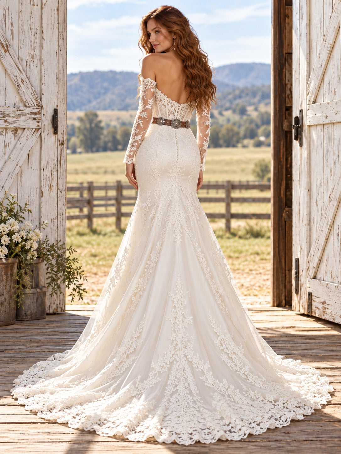 Country-Western-Brautkleid mit asymmetrischem Saum, langen Ärmeln, schulterfreiem Ausschnitt und Meerjungfrauensilhouette