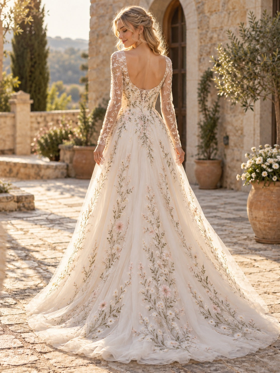 Robe de mariée trapèze à encolure dégagée, manches longues, broderies florales botaniques romantiques et traîne en tulle