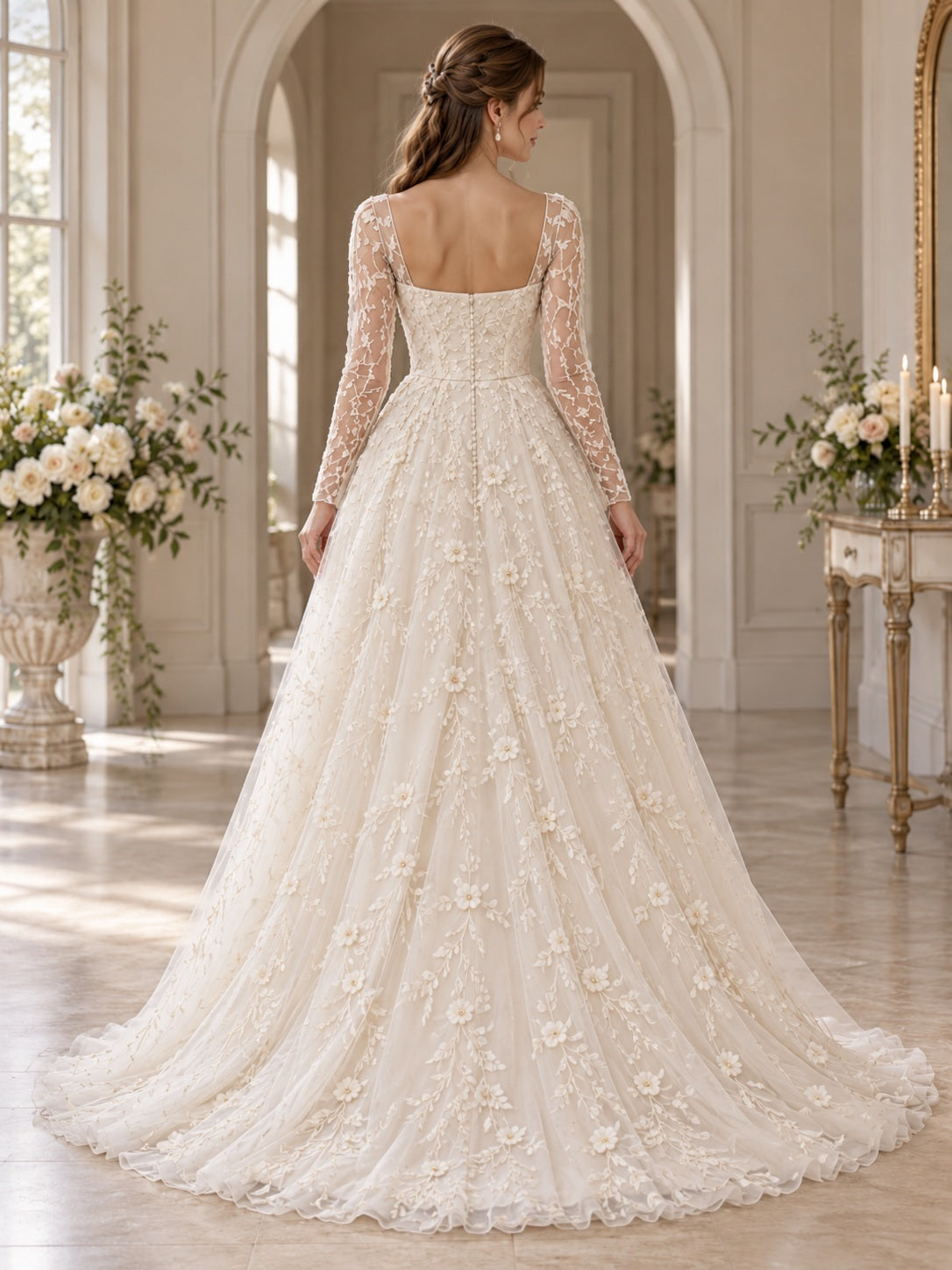 Long Sleeve Square Neck Floral Lace Romantic A-line Tulle Scalloped Train Wedding Dress — back view