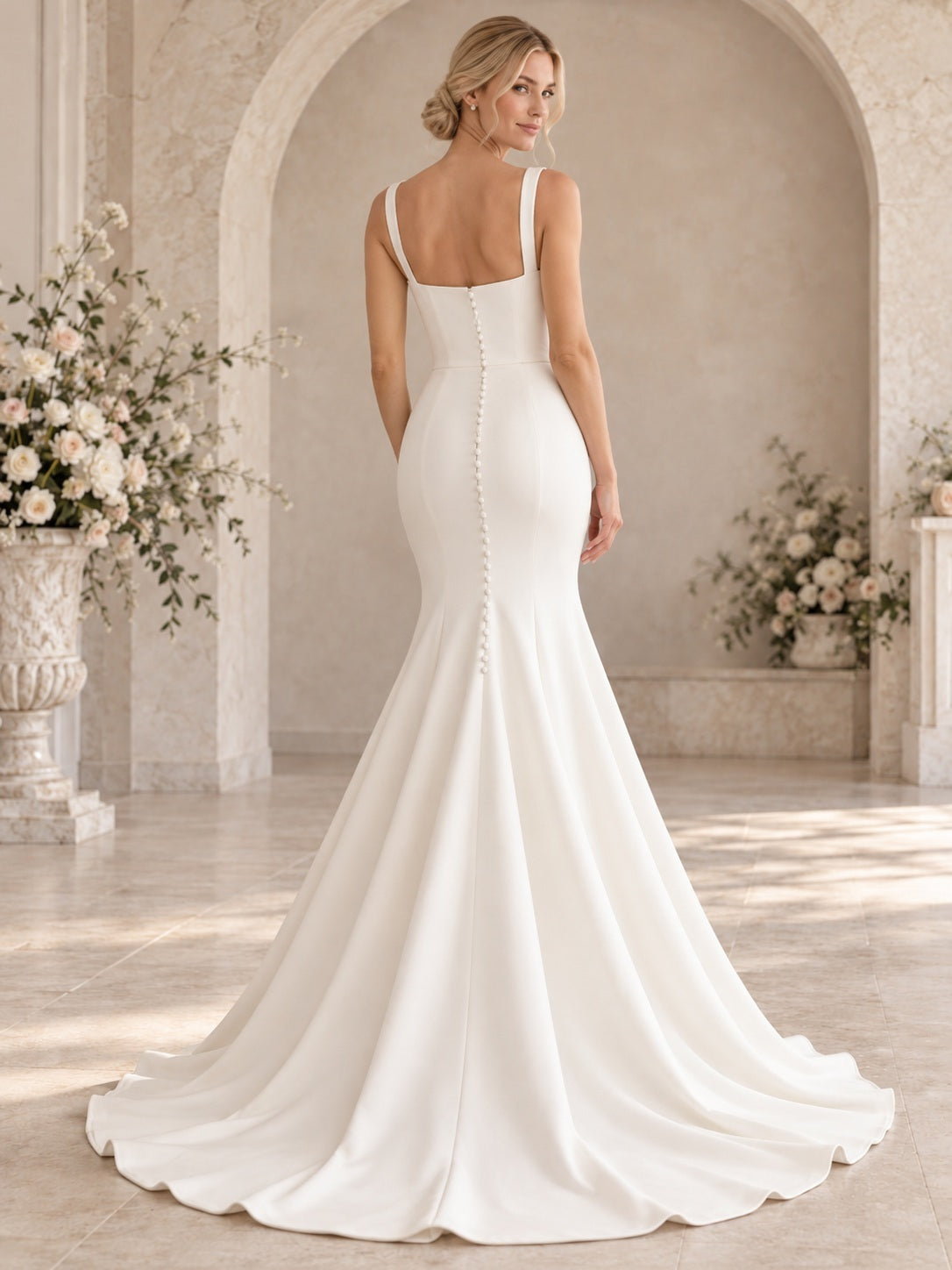 Robe de mariée sirène en satin à décolleté carré, dos boutonné et bretelles, avec godets et traîne balayant le sol