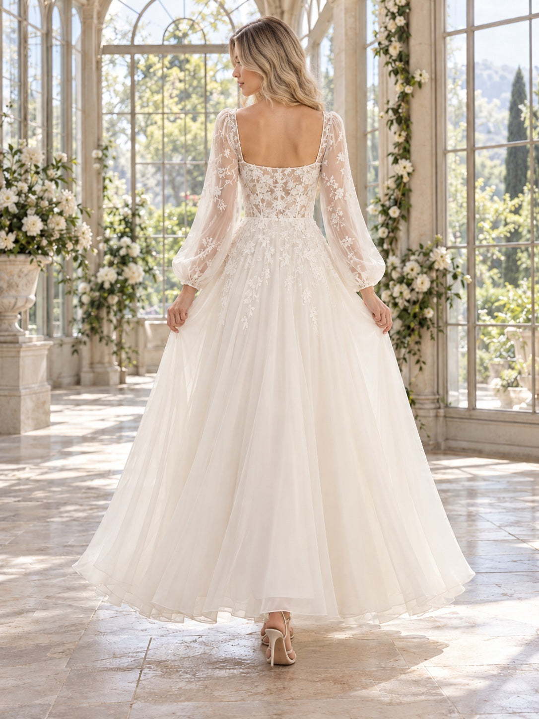 Square Neck Long Bishop Sleeve Floral Lace Ankle-length A-line Tulle Garden Wedding Dress — back view