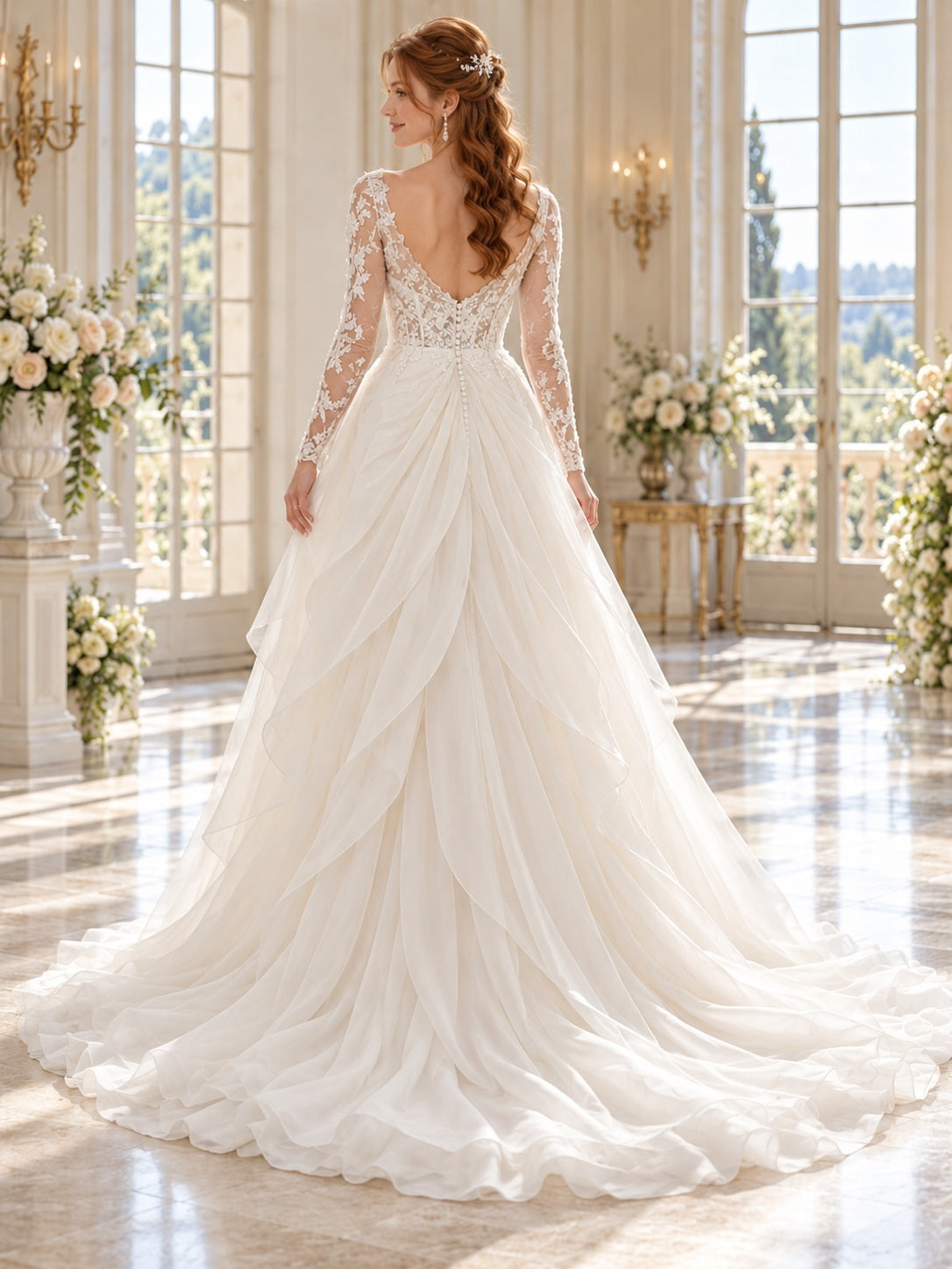 Vestido de novia de encaje y tul en marfil, línea A, escote corazón, manga larga y cola corta