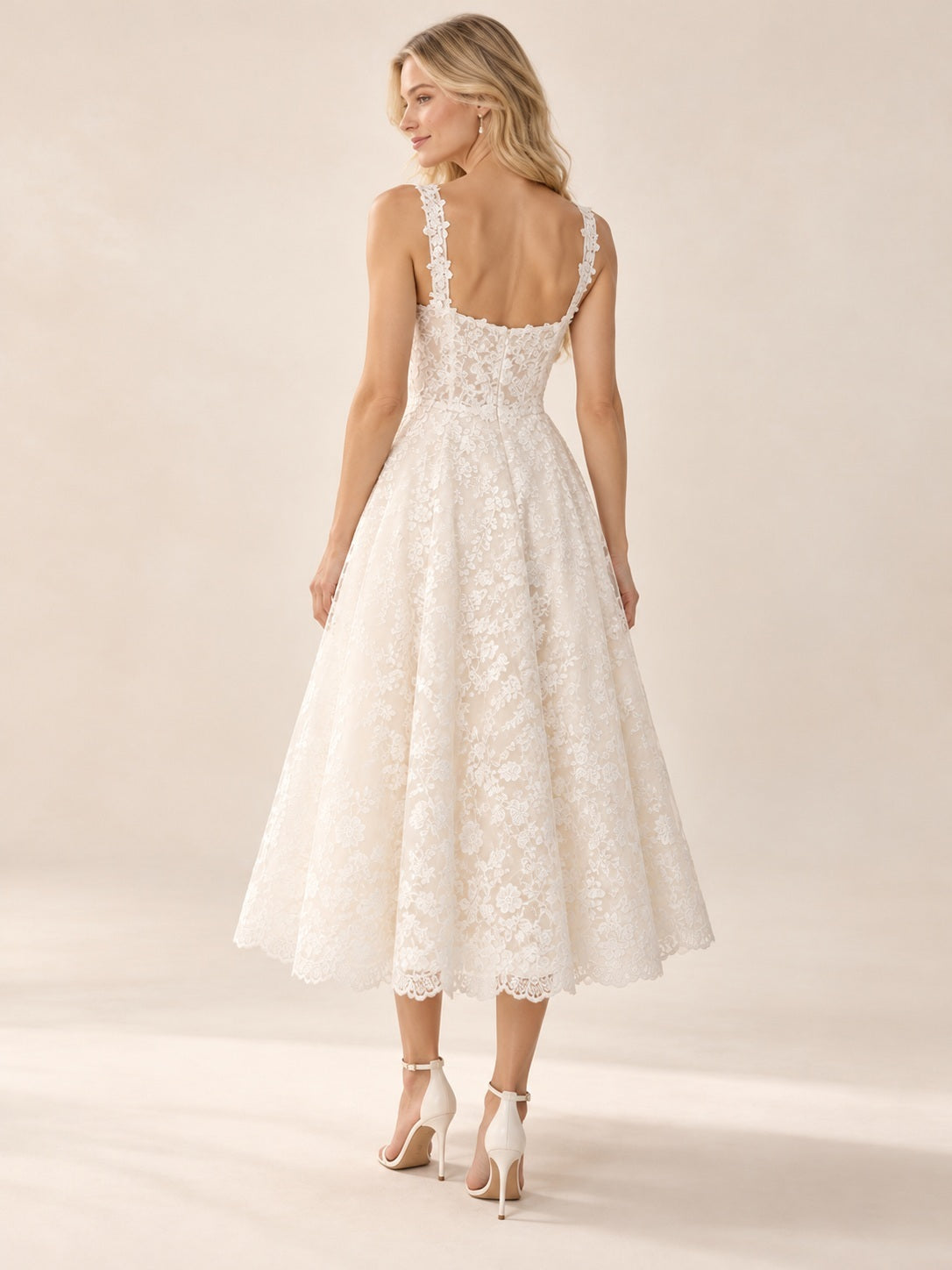 Tea-length Square Neck Sleeveless Floral Lace Strap Soft Flared Wedding Dress — back view