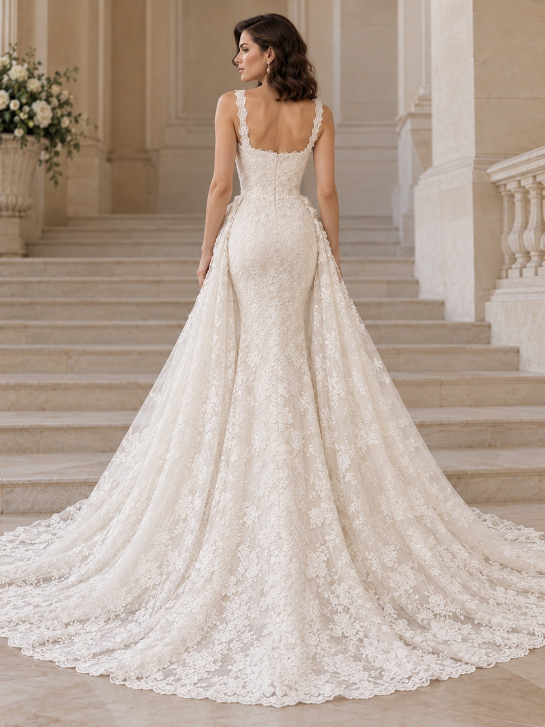 Mermaid Square Neck Sleeveless Scalloped Floral Lace Long Train Wedding Gown — back view