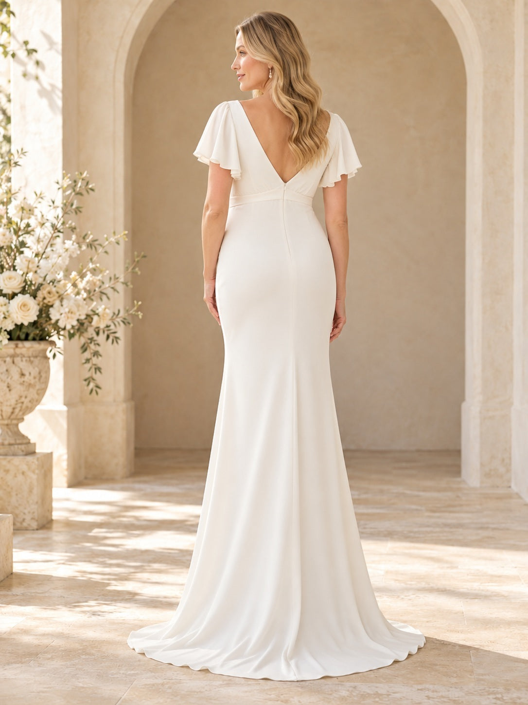 Maternity Simple V-neck Flutter Sleeve Empire Crepe Sweep Sheath Wedding Dress — back view