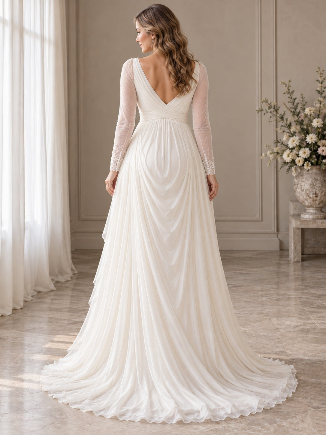 Maternity Long Sleeve V-neck Wrap Side Draped Chiffon Sweep Bridal Gown — back view