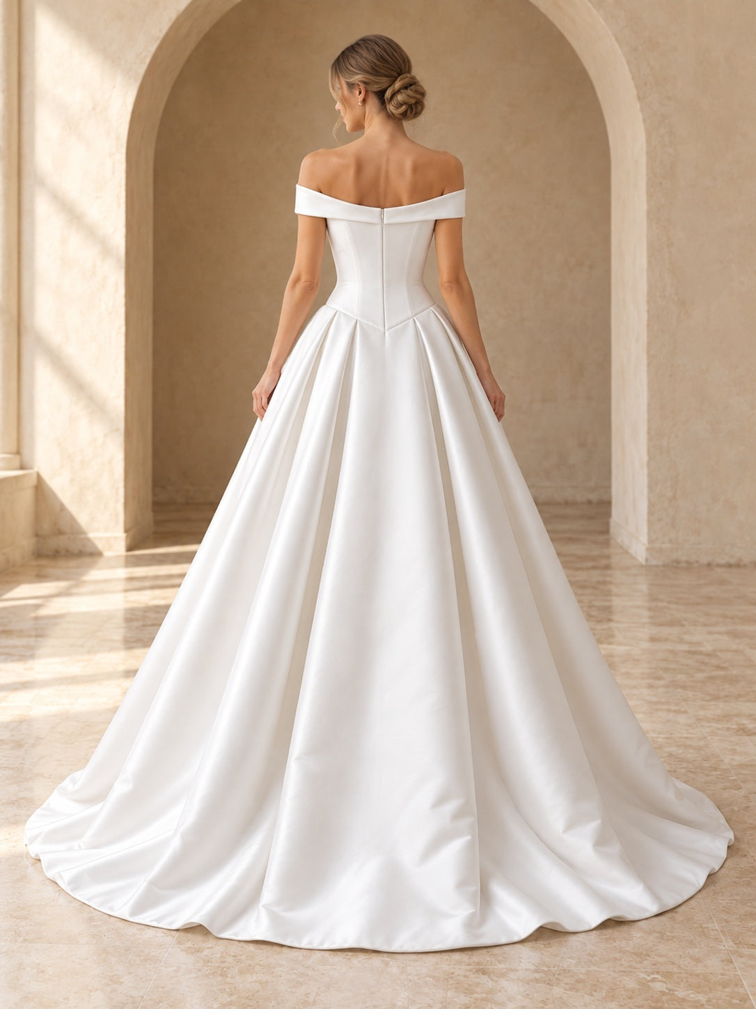 Simple Dropped Waist Off Shoulder Pleated Satin Ball Gown Wedding Dress — back view