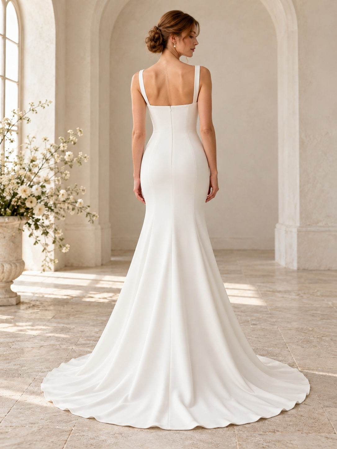 Schlichtes, ärmelloses Brautkleid aus Krepp mit quadratischem Ausschnitt, Meerjungfrauen-Schnitt und Schleppe