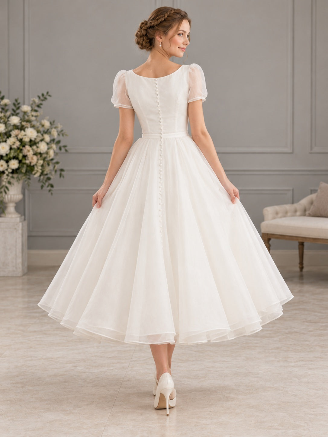 Modest Tea-length Scoop Neck Puff Sleeve Button Organza Bridal Wedding Dress — back view