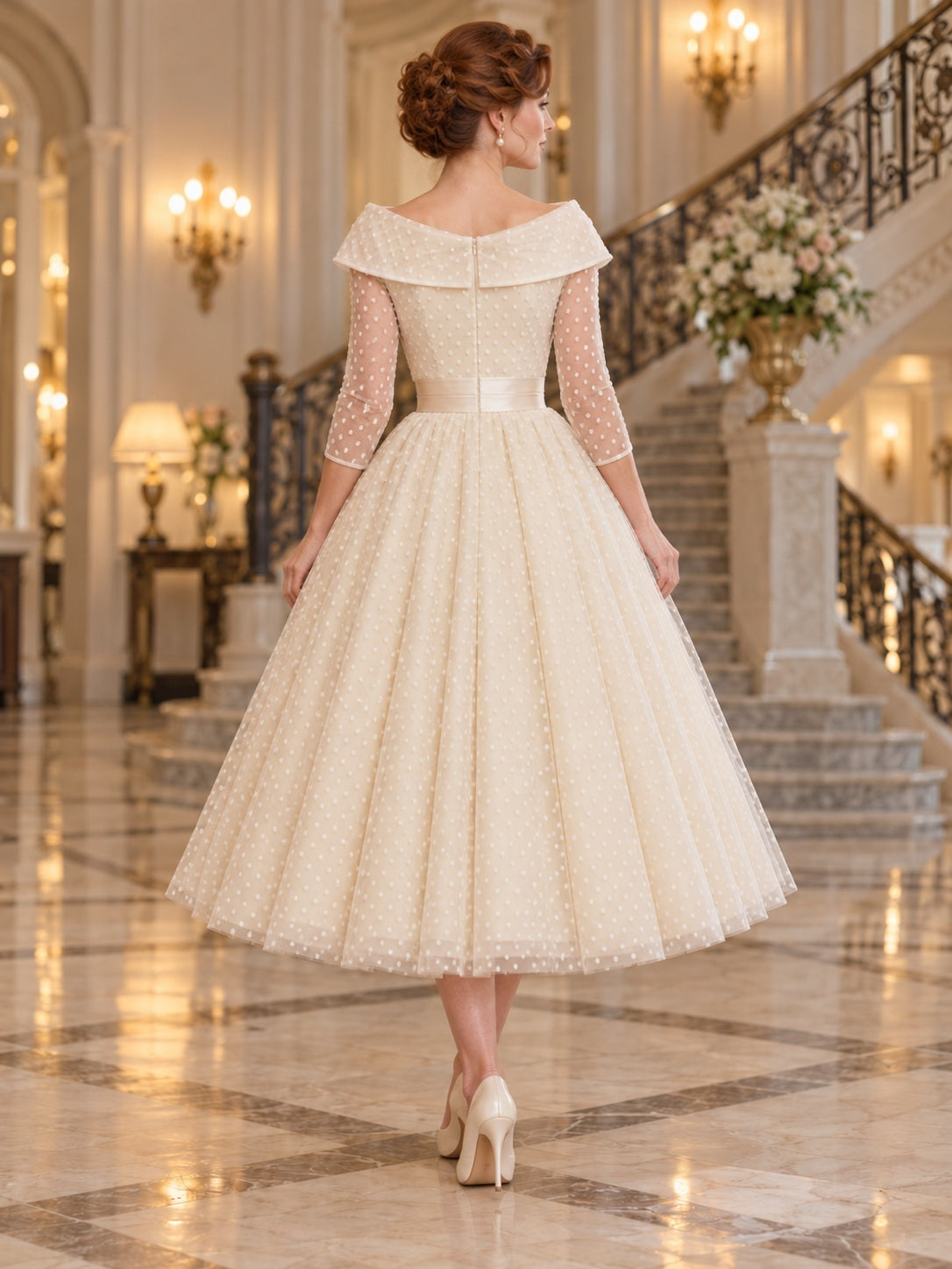Vestido de novia de tul y satén en champán, inspirado en los años 1950, línea A, escote barco, manga tres cuartos y largo a media pierna