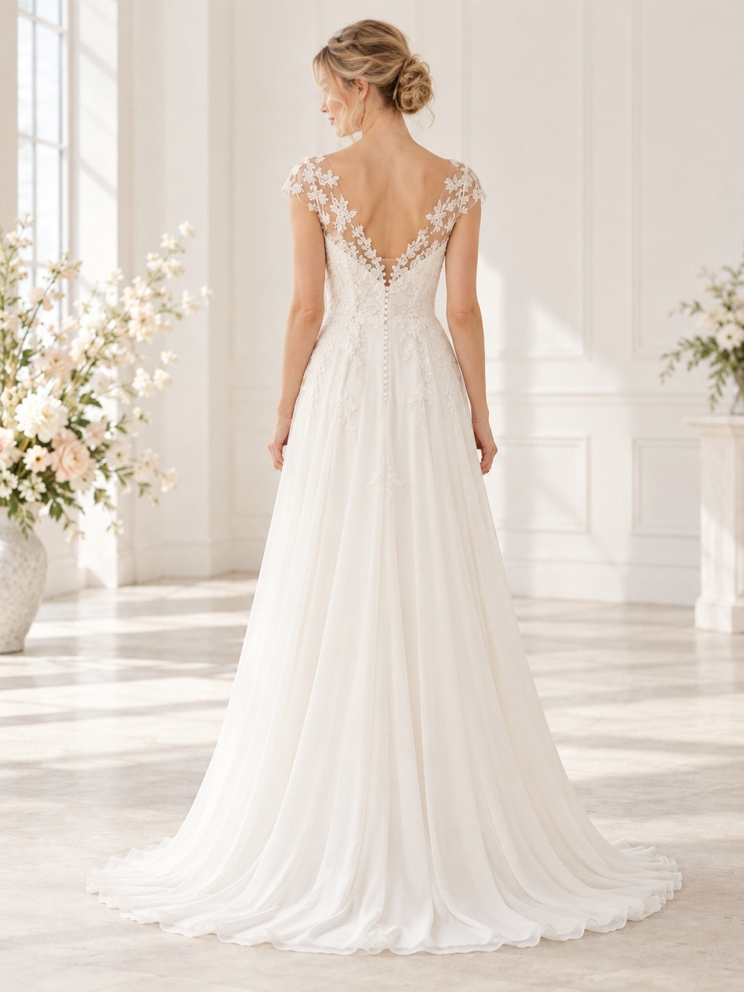 Robe de mariée empire en mousseline douce, à col en V, avec dentelle, manches courtes et traîne courte