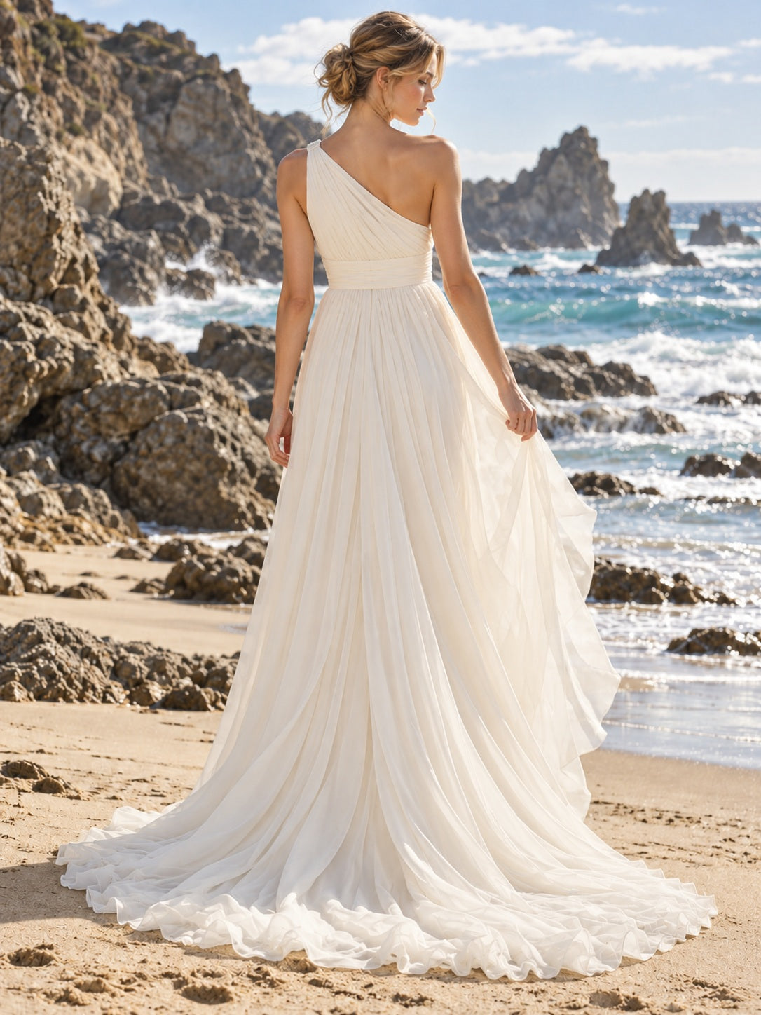 Simple One Shoulder Chiffon A-line Beach Bridal Gown with Gathered Waist Slit and Train — image 2, style 746929