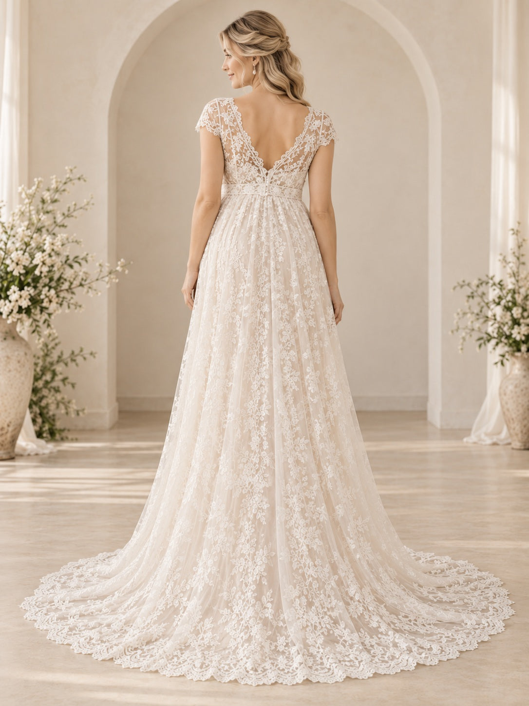 Vestido de novia premamá de encaje en marfil, corte imperio, escote en V, manga corta y cola corta