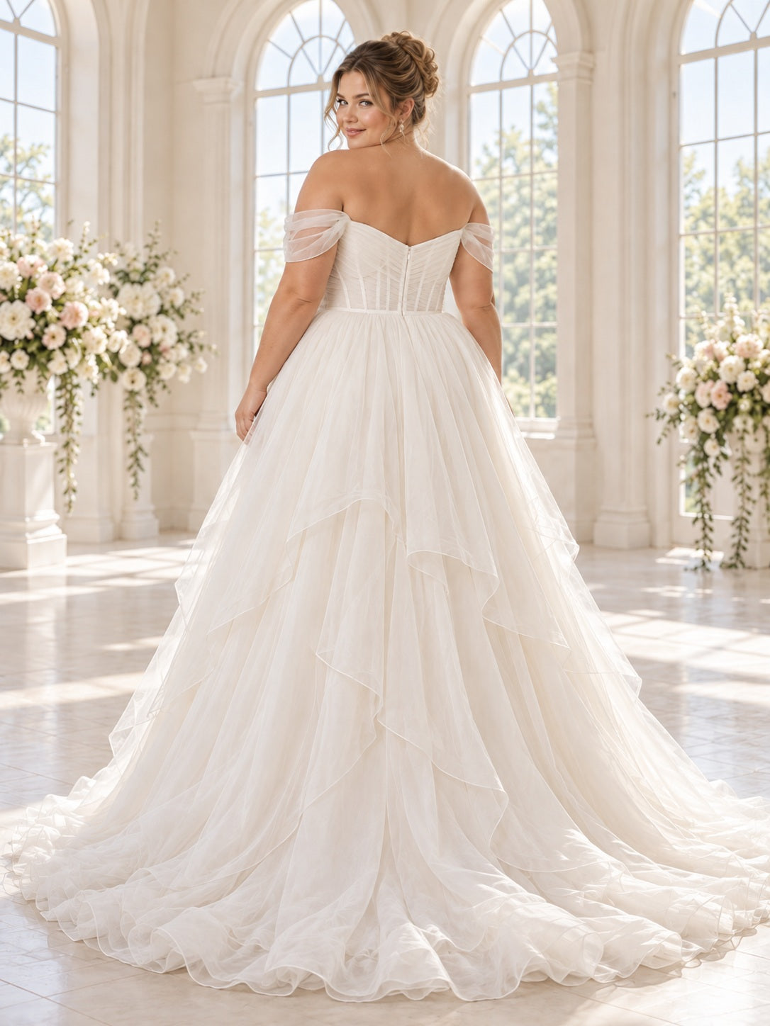 Robe de mariée grande taille trapèze en organza à encolure cœur et épaules dénudées, avec corsage drapé et volants en cascade