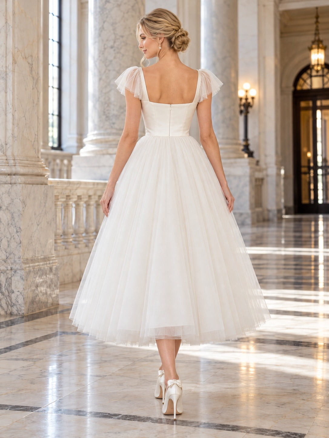 Courthouse Simple Tea-length Square Neck Cap Sleeve Tulle Full Bridal Wedding Dress — image 2, style 747155