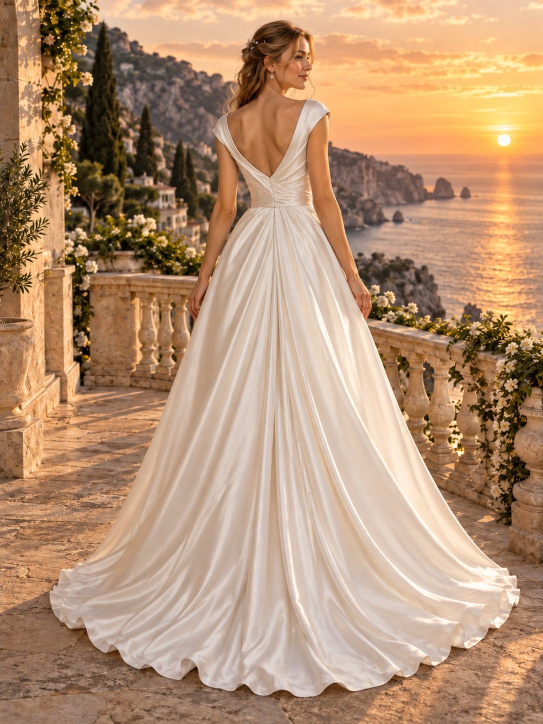 Einfaches, bodenlanges A-Linien-Brautkleid aus Satin mit V-Ausschnitt, Plissee und Flügelärmeln