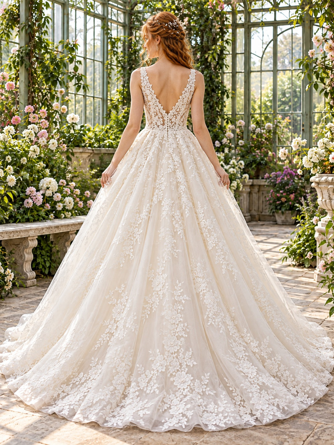 Garten-Brautkleid mit tiefem V-Ausschnitt, floraler Spitze und voluminösem Ballkleid-Rock