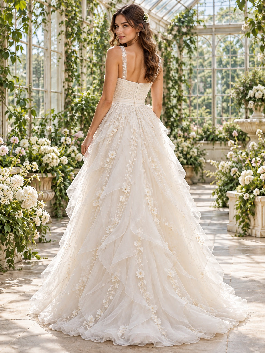 Robe de mariée romantique Garden à col carré, bretelles fleuries, superpositions en organza et jupe ample