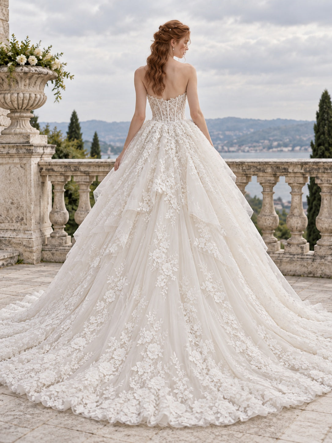 Vestido de novia de encaje y tul en marfil, corte princesa, sin tirantes y escote corazón y cola capilla