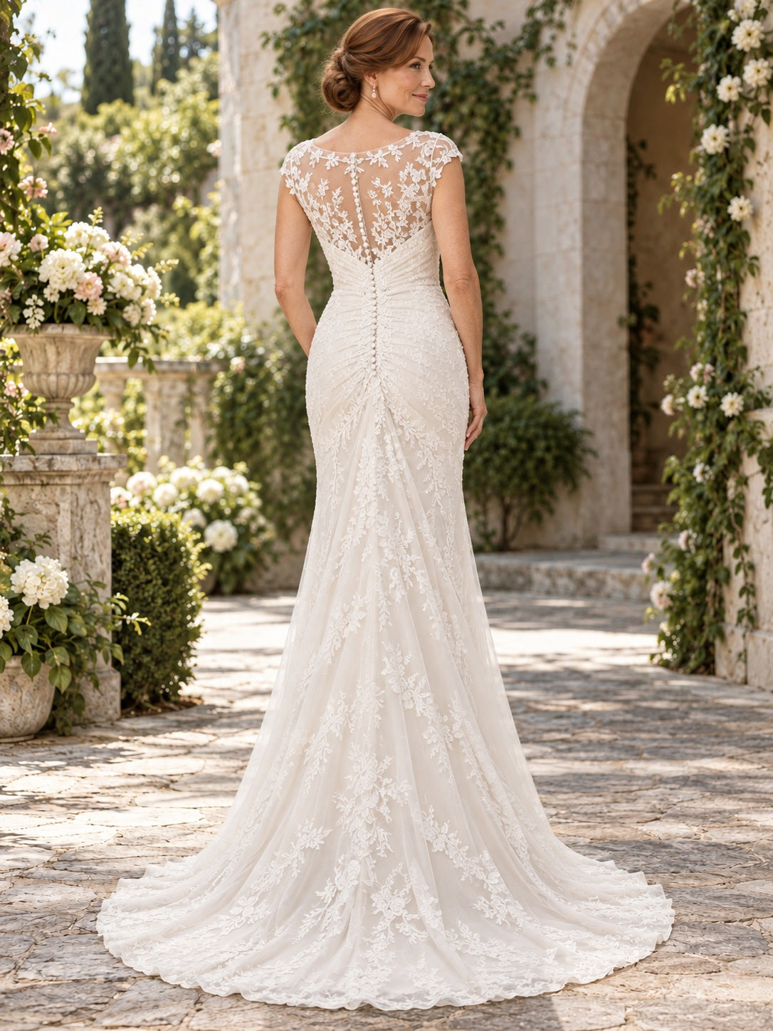 Floral Lace Sheath Jewel Neck Cap Sleeve Ruched Train Wedding Dress — image 2, style 747876