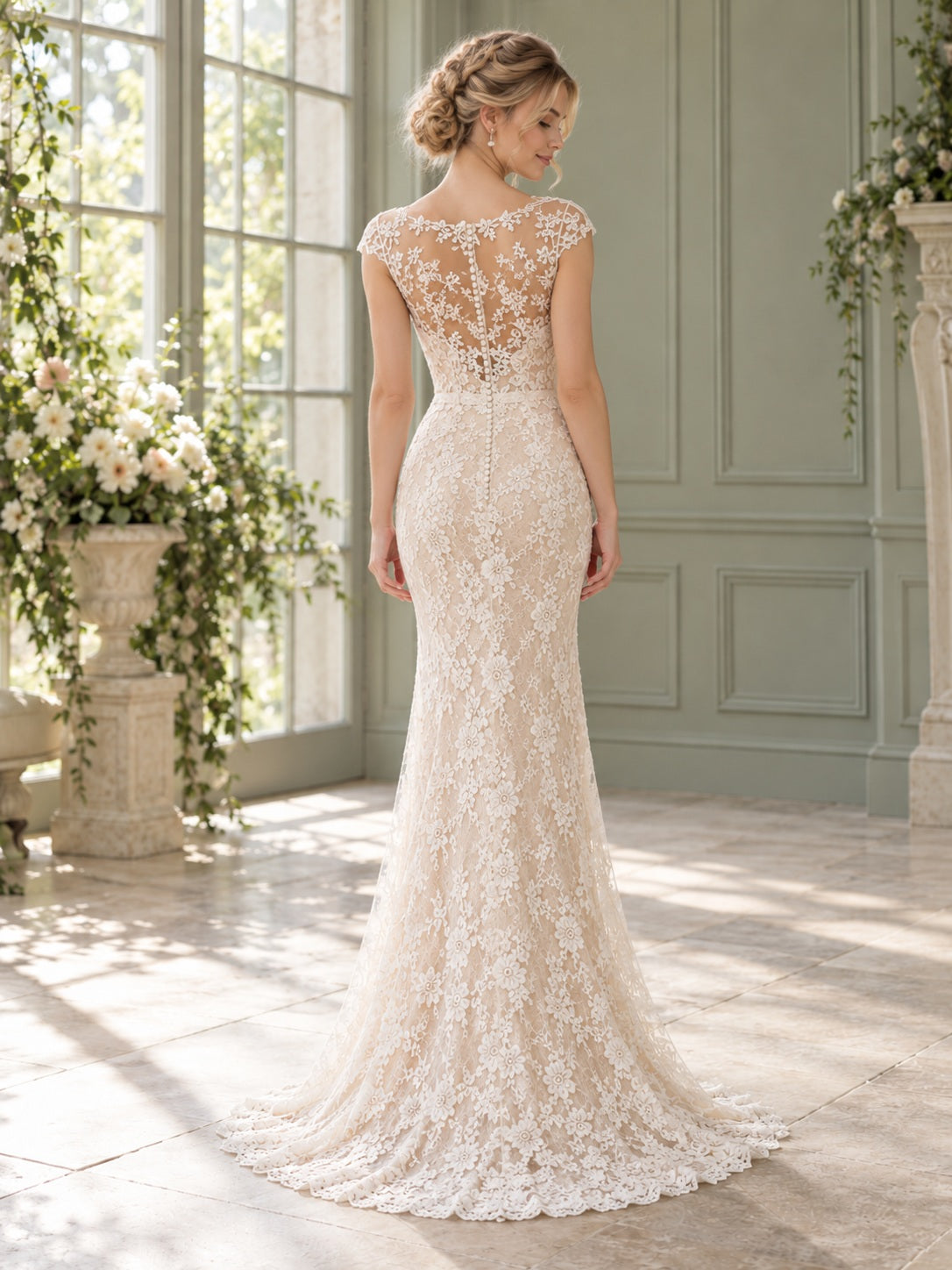 Etui-Brautkleid mit floraler Spitze, Rundhalsausschnitt, Flügelärmeln, Saum und Schleppe