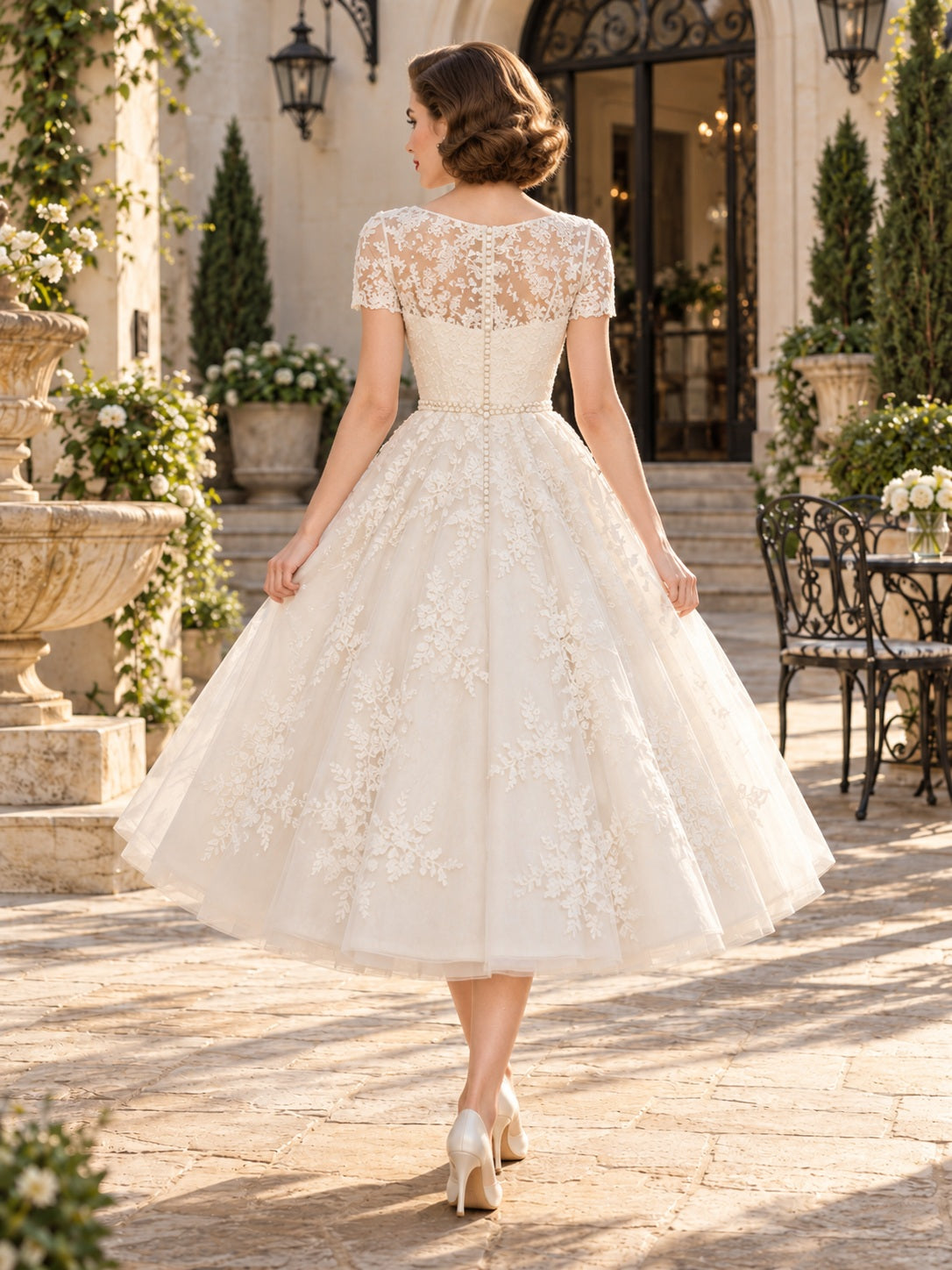 Robe de mariée vintage longueur thé, coupe trapèze, col bijou, dentelle florale et manches courtes