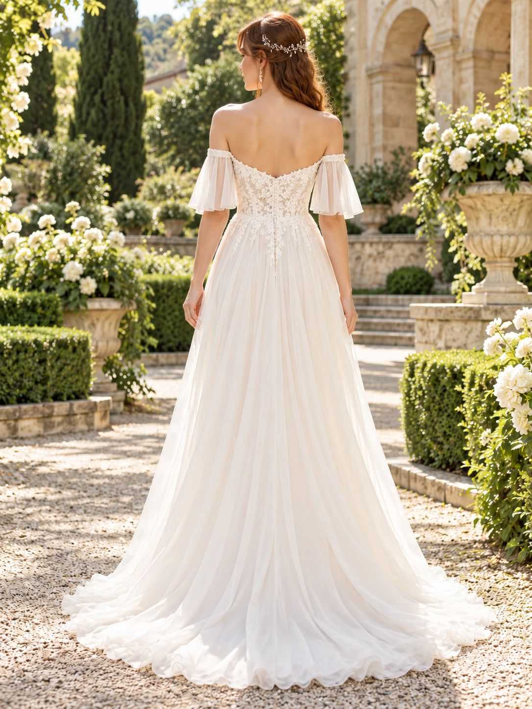 Garden Empire Off Shoulder Sweetheart Lace Chiffon Bell Sleeve Wedding Dress — image 2, style 747997
