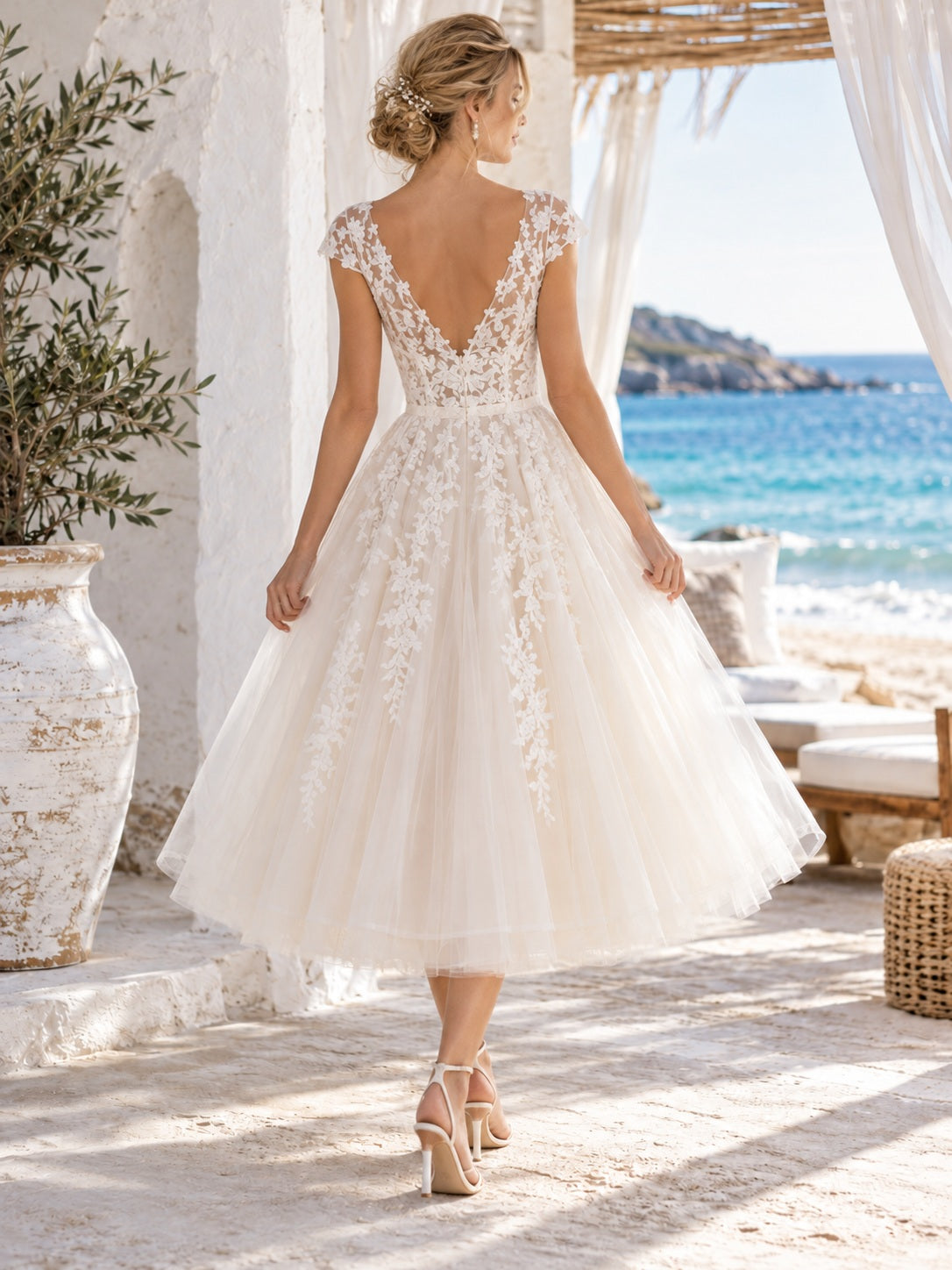 Tea-length V-neck Cap Sleeve Floral Lace Beach Wedding Dress — image 2, style 748843