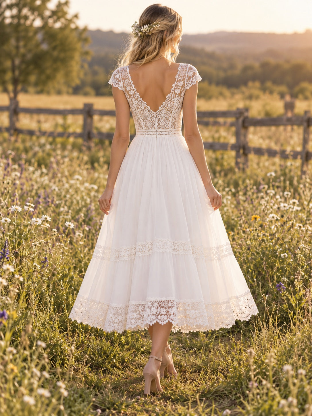 Tea-length Boho V-neck Cap Sleeve Chiffon Lace Wedding Dress — image 2, style 748845