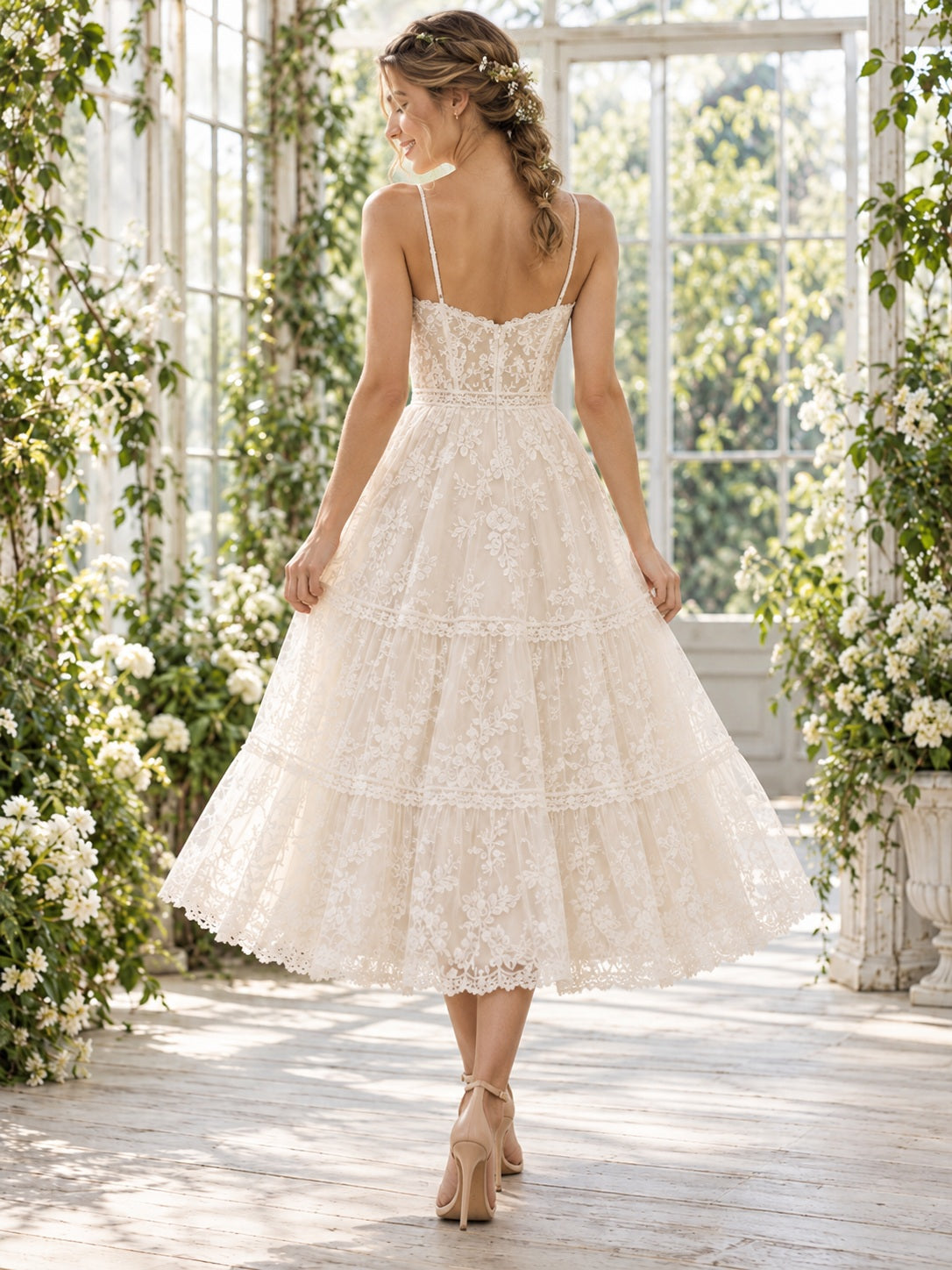Tea-length Boho Spaghetti Sweetheart Lace Tiered Wedding Dress — image 2, style 748848