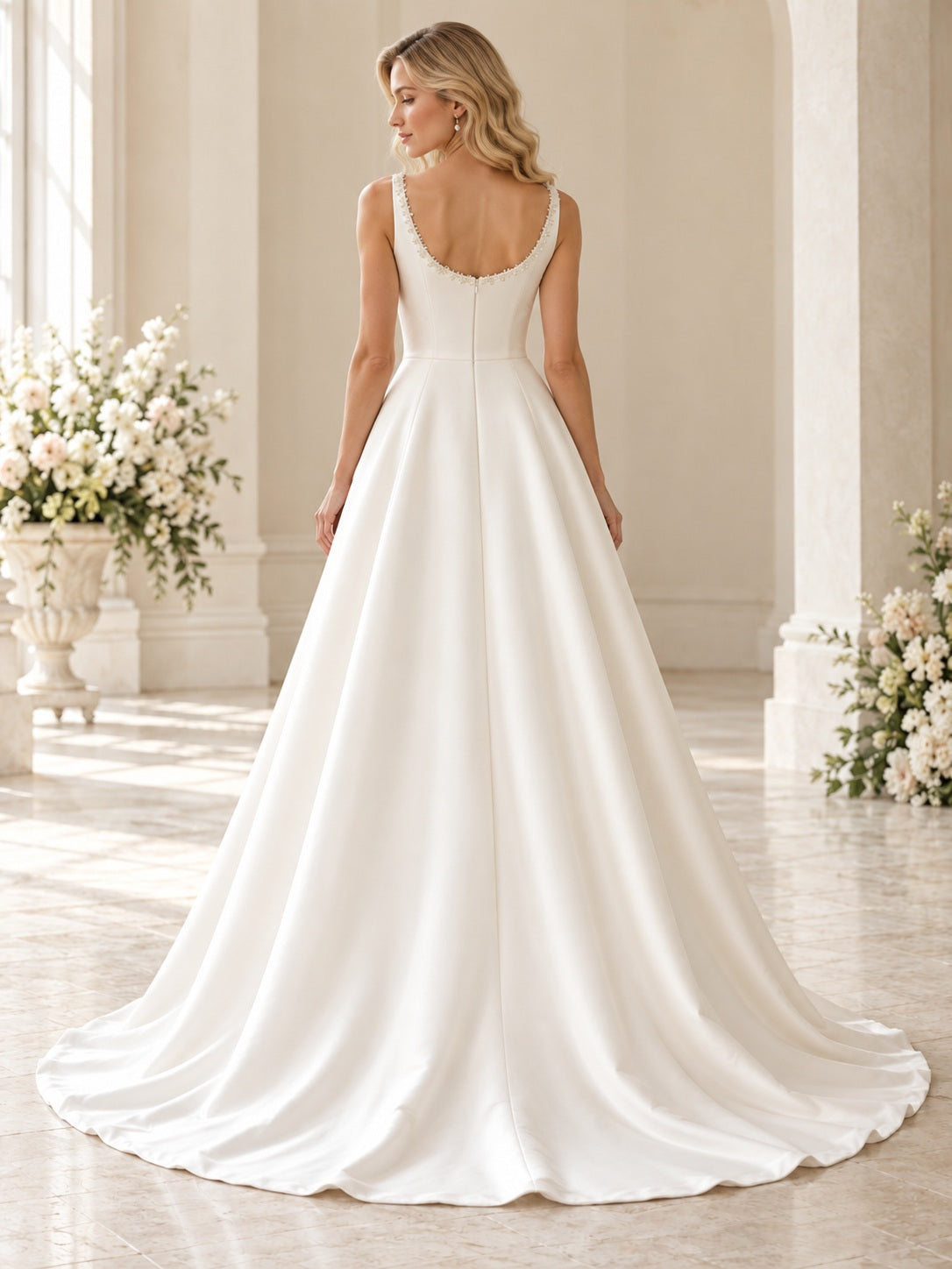 Schlichtes, dezentes, ärmelloses A-Linien-Brautkleid aus Satin mit U-Boot-Ausschnitt und Schleppsaum