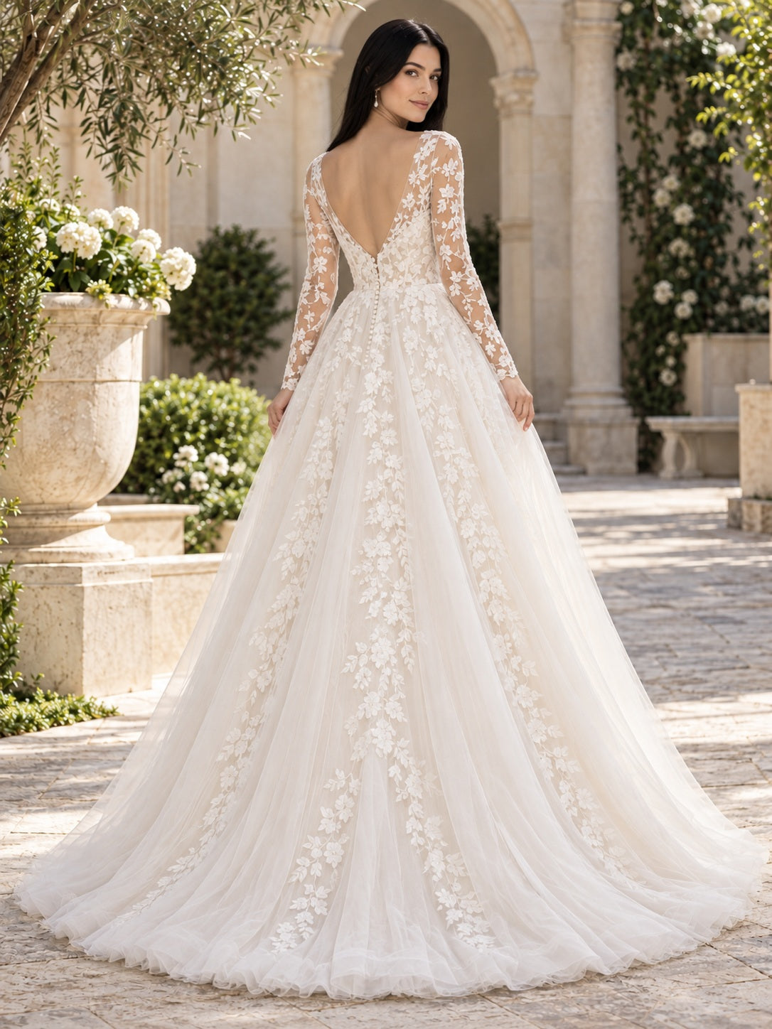 Long Sleeve Floral A-Line Tulle Lace V-neck Full Wedding Dress, back view