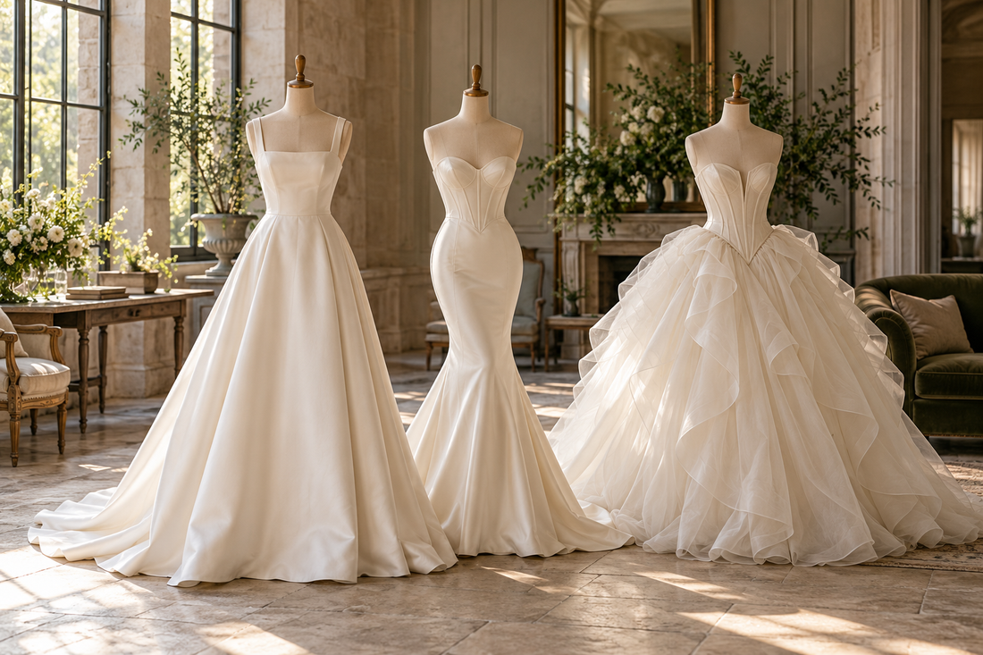 AI-generated editorial illustration for Wedding Dress Silhouettes: A-Line, Mermaid or Ball Gown?