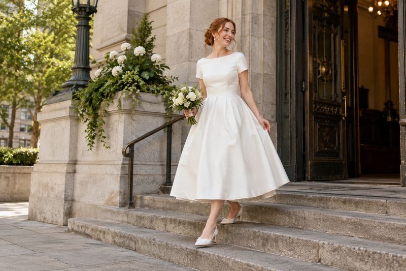 AI-generated editorial illustration for courthouse wedding dresses: short, tea-length or full-length?
