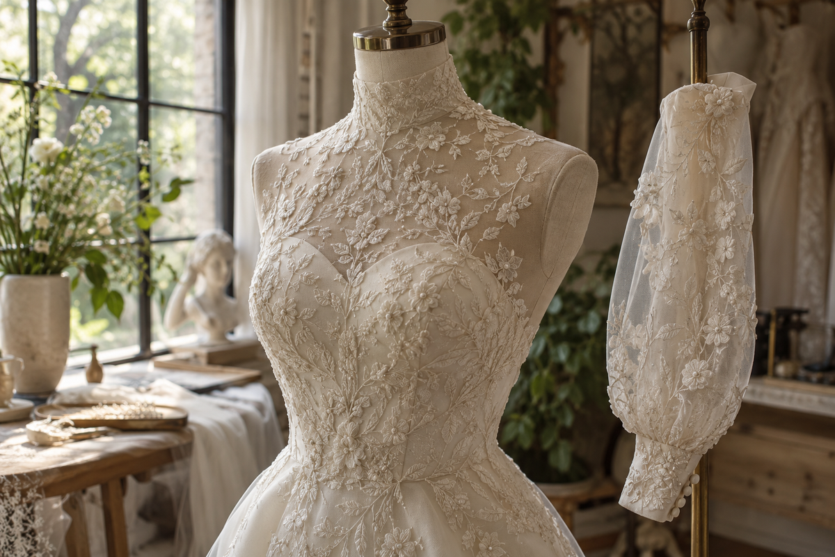 AI-generated editorial illustration for long sleeves and high necklines: a wedding dress coverage checklist