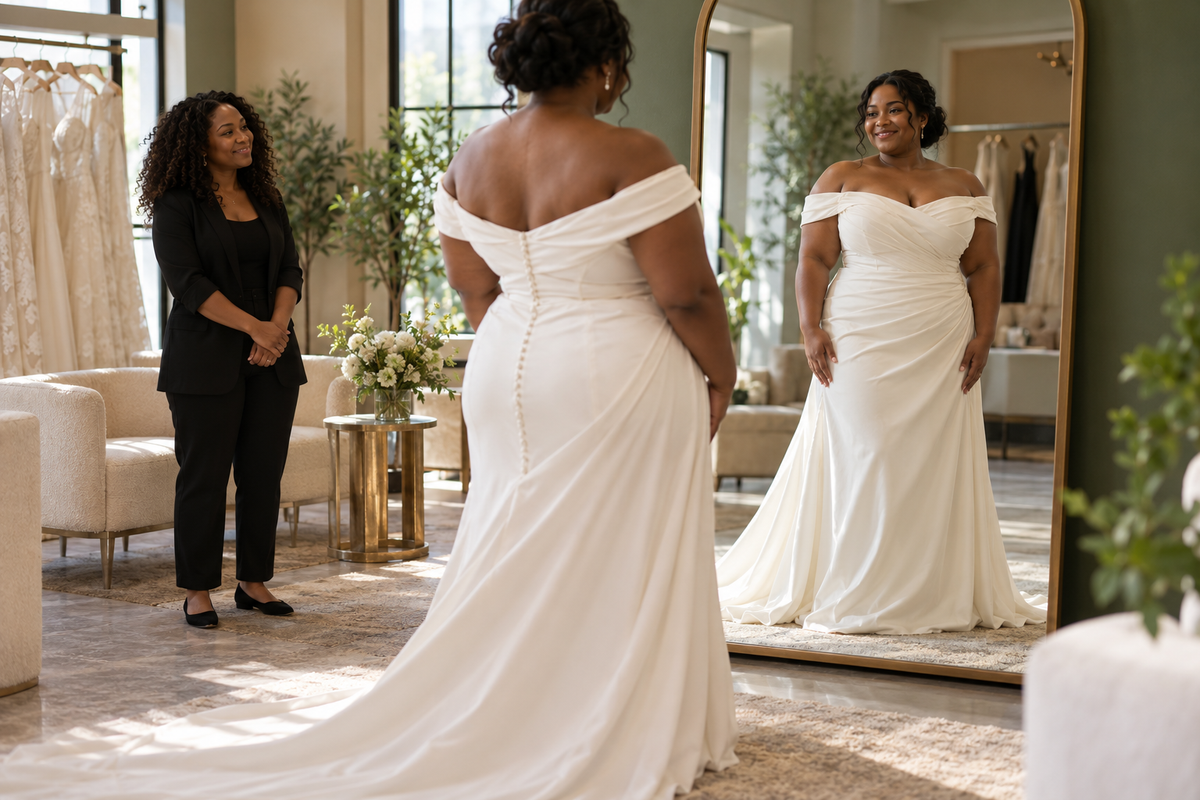 AI-generated editorial illustration for plus-size wedding dress shopping: fit, support and proportion