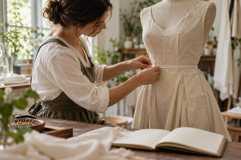 AI-generated editorial illustration for how to measure for a wedding or occasion dress ordered online