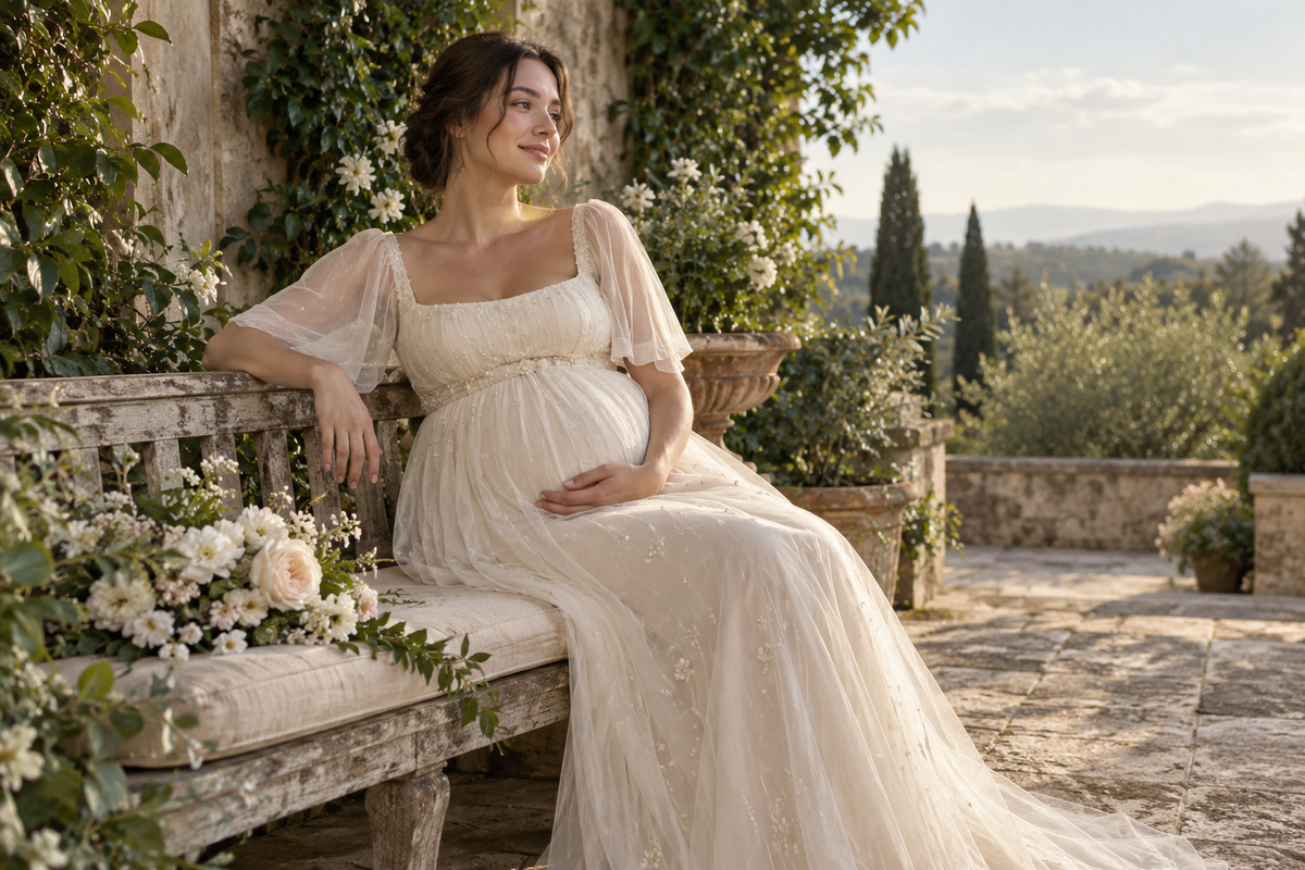 AI-generated editorial illustration for maternity wedding and occasion dresses: planning for a changing fit