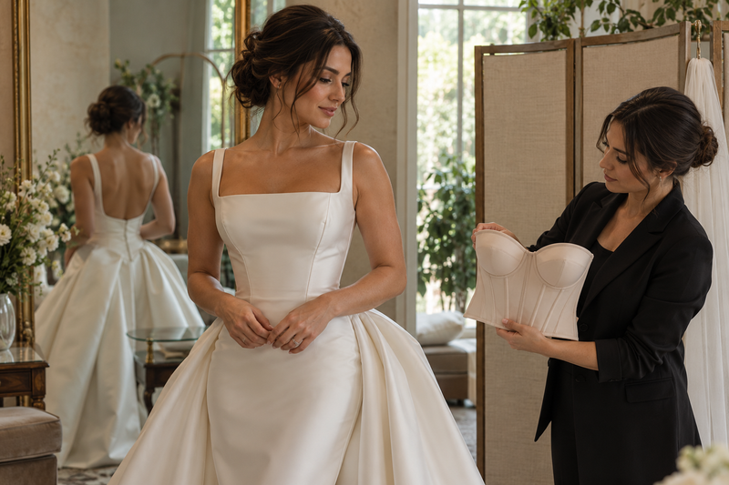 AI-generated editorial illustration for Wedding Dress Necklines: Plan the Dress and Undergarments Together