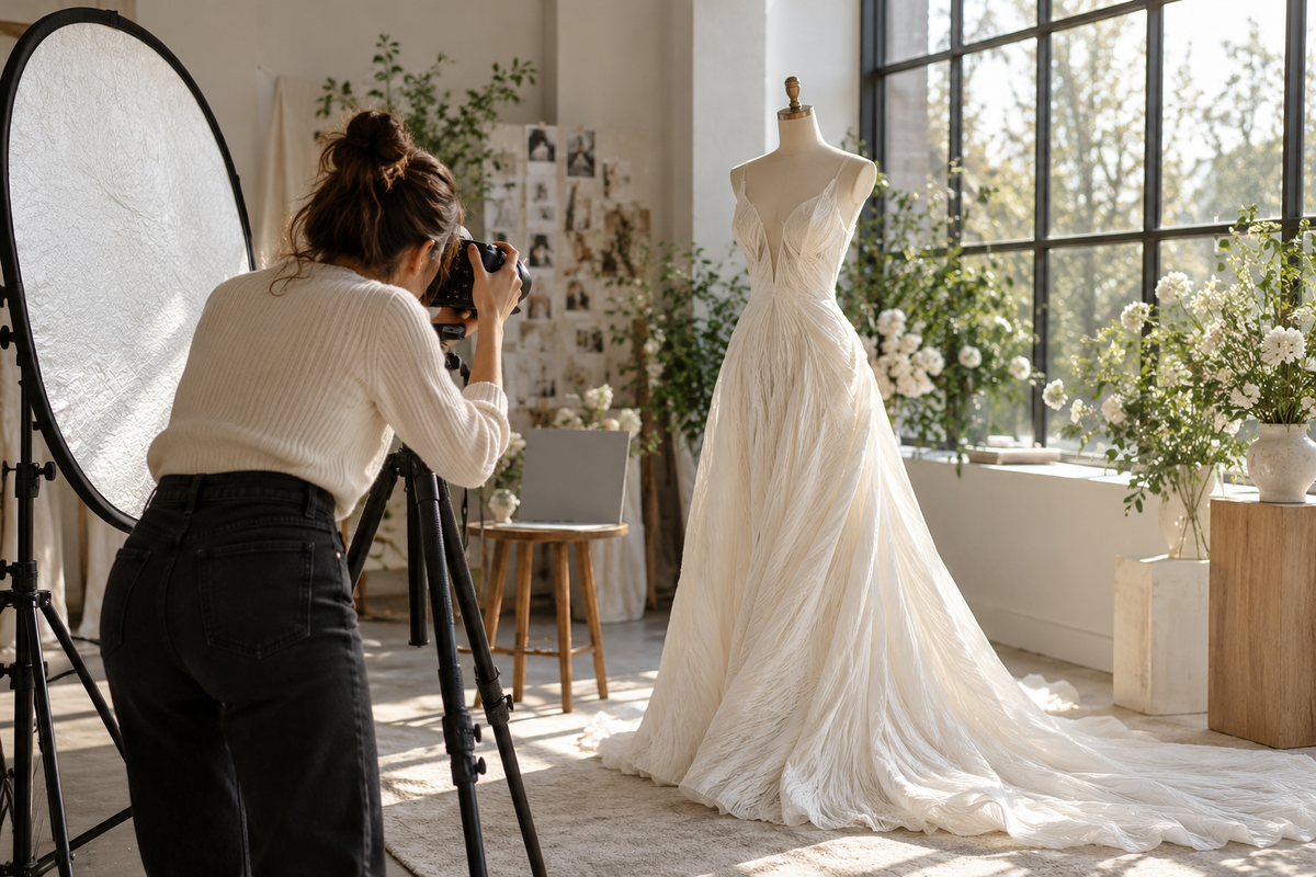 AI-generated editorial illustration for How to Read Wedding Dress Photos: Light, Angles and Missing Details