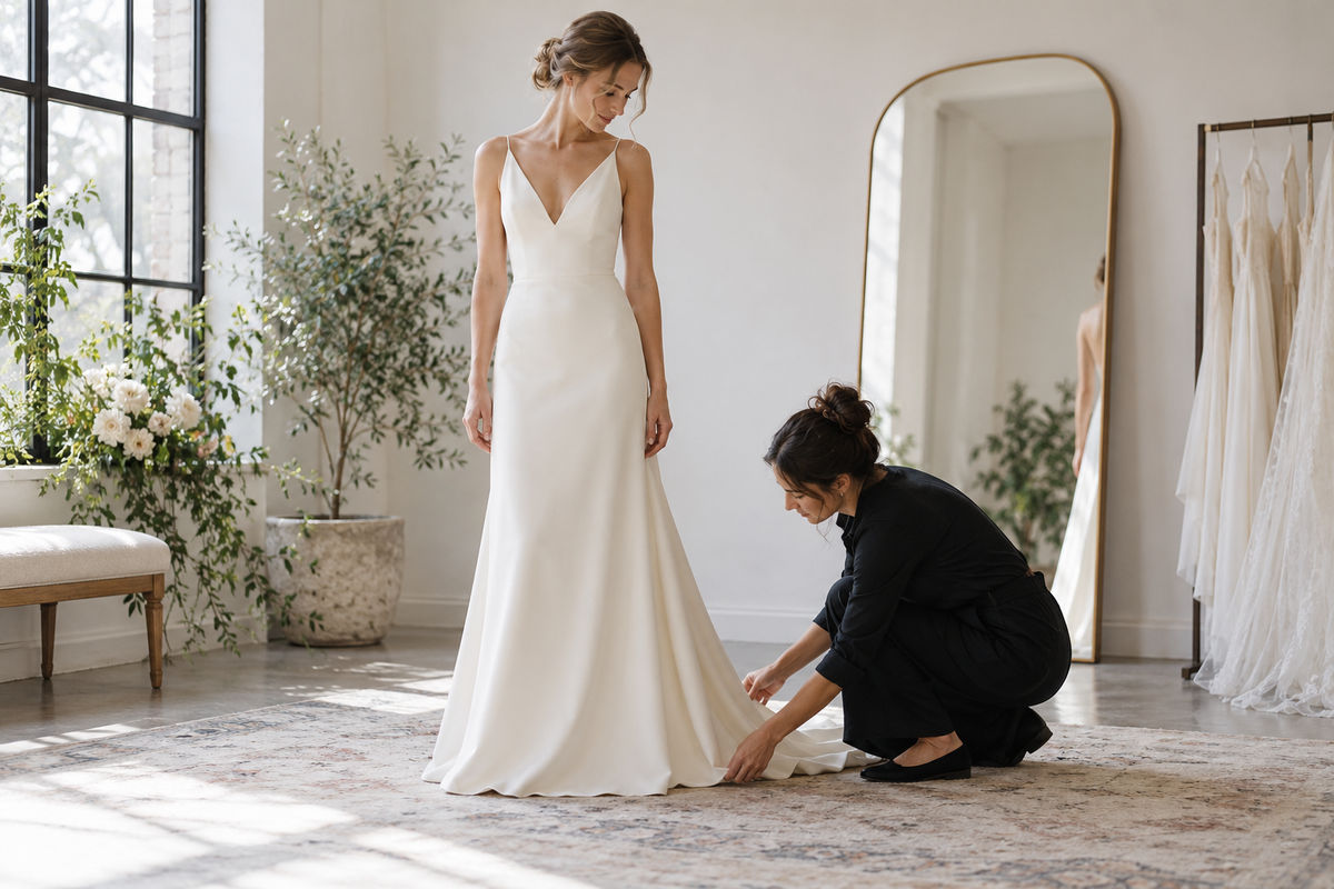 AI-generated editorial illustration for Wedding Dress Length for Tall Brides: What to Confirm