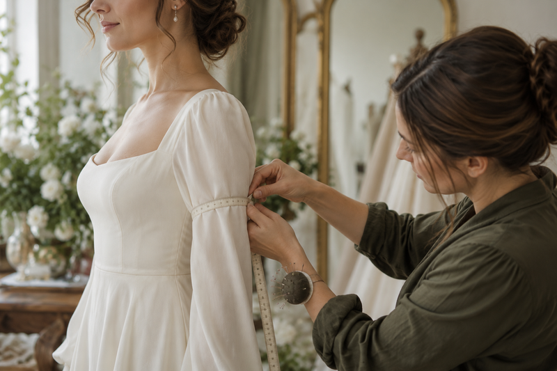 AI-generated editorial illustration for Long Dress Sleeves: Upper-Arm and Armhole Fit Questions