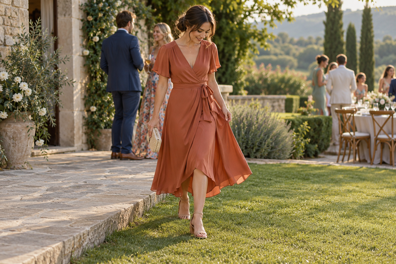 AI-generated editorial illustration for Outdoor Wedding Guest Outfits: Plan the Hem and Shoes Together