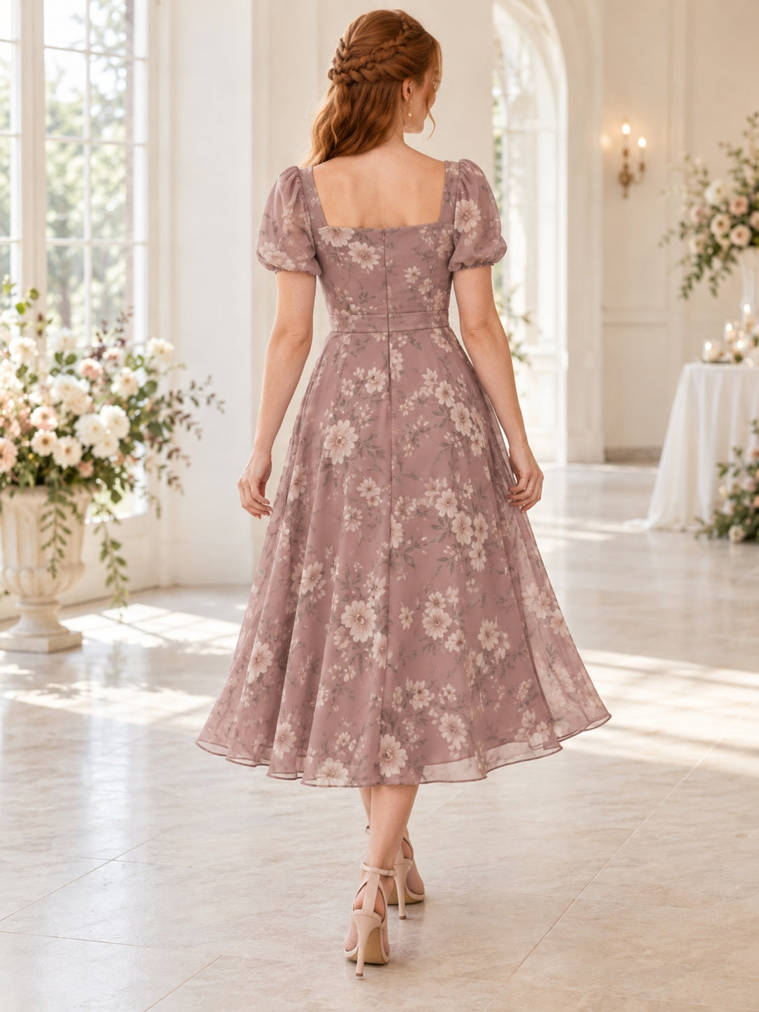 Robe de demoiselle d'honneur pudique en mousseline à fleurs, longueur thé, col carré et manches bouffantes, couleur mauve