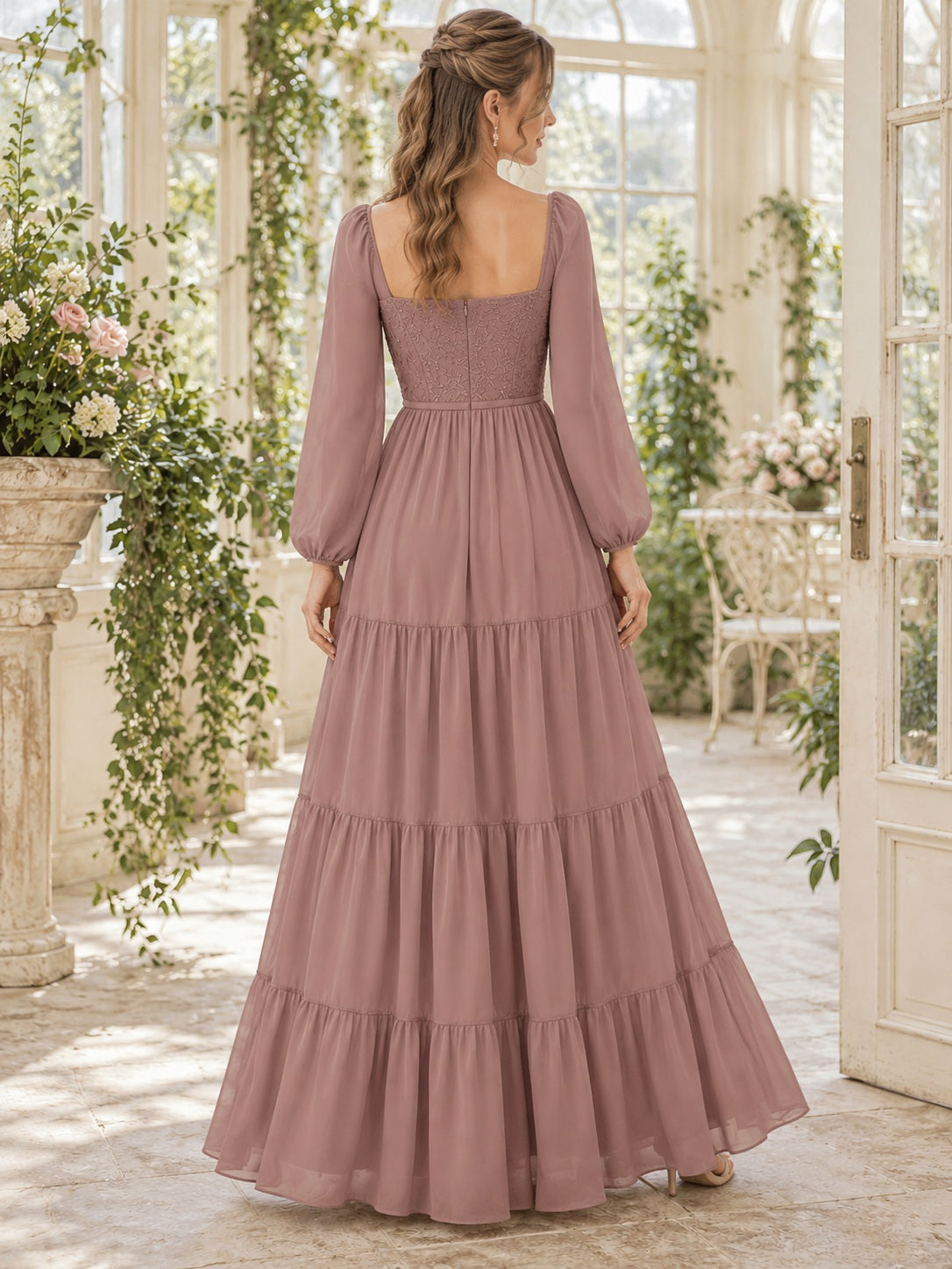 Boho Long Sleeve Square Neck Mauve Tiered Chiffon Maxi Bridesmaid Dress, view 2